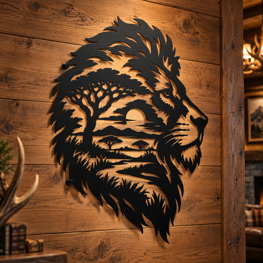 Lion metal wall art in black — double-exposure African safari landscape steel decor