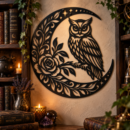 Owl crescent moon metal wall art in black — celestial rose botanical plasma-cut steel decor
