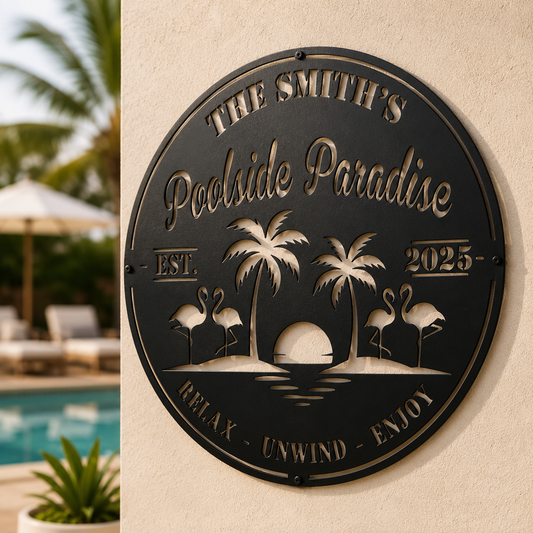Personalized poolside paradise sign in copper finish — housewarming or birthday gift for pool owners and backyard entertainers
