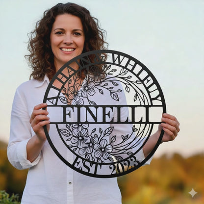 floral split custom family name metal monogram sign black 24 inch