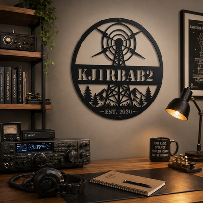 Custom ham radio metal sign in black — personalized callsign wall art with name
