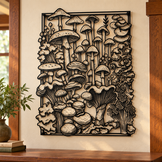 Mushroom forest metal wall art in black — botanical fungi plasma-cut steel panel