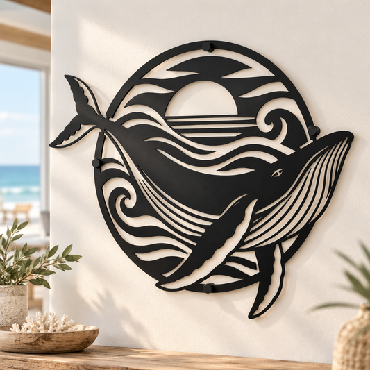 Humpback whale metal wall art in black — ocean sunset coastal circle steel decor